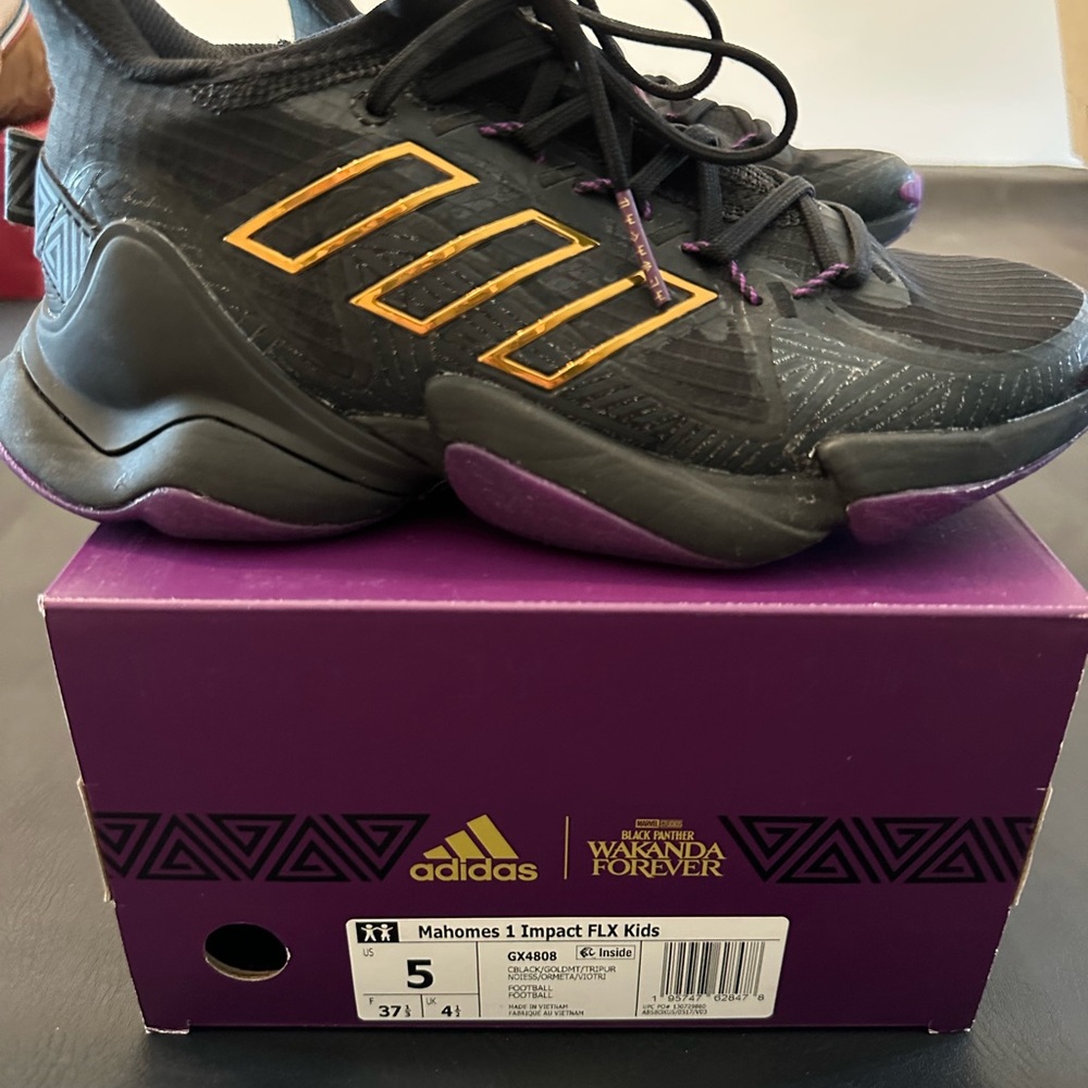 Adidas Black and Gold Kids Sneakers with Purple Accents